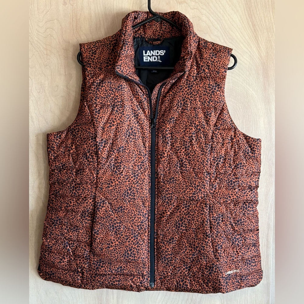 Lands’ End Leopard Print Down Vest Rusty Orange Black Women’s XL